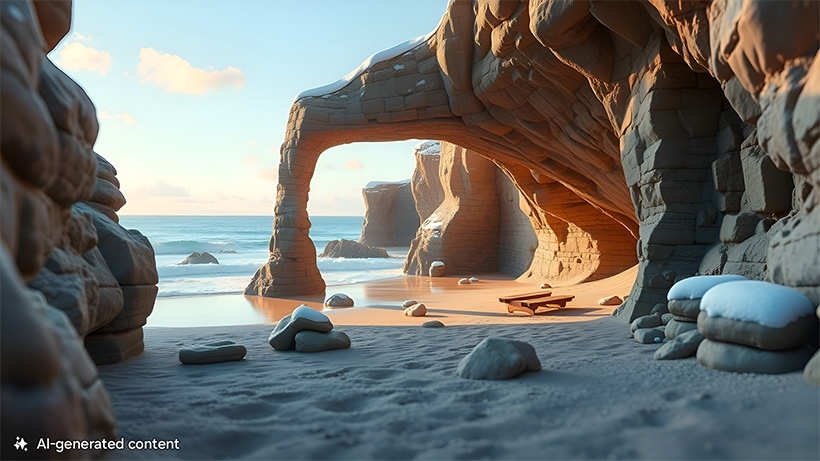 Une plage de sable avec de nombreux rochers et falaises. Une note en bas indique « contenu généré par l’IA ».