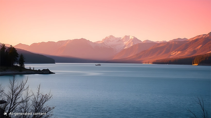 Un lac paisible avec un bateau sur l’eau et des montagnes en arrière-plan. Une note en bas indique « contenu généré par l’IA ».