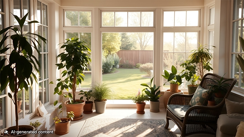 Une chambre ensoleillée avec de nombreuses plantes et fenêtres. Une note en bas indique « contenu généré par l’IA ».
