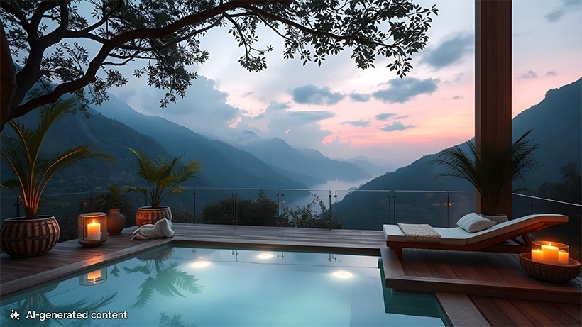 Une terrasse avec piscine. Un coucher de soleil sur les montagnes en arrière-plan. Une note en bas indique « contenu généré par l’IA ».
