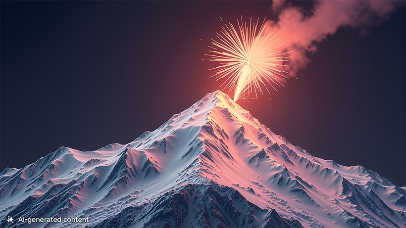 Un sommet enneigé avec des feux d’artifice et de la fumée sortant du sommet. Une note en bas indique « contenu généré par l’IA ».