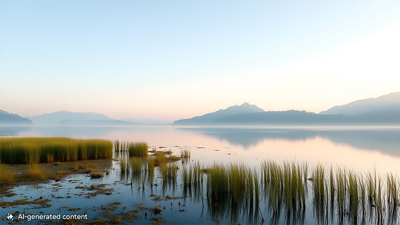 Un marais paisible avec des plantes dans l’eau. Des montagnes sont en arrière-plan. Une note en bas indique « contenu généré par l’IA ».