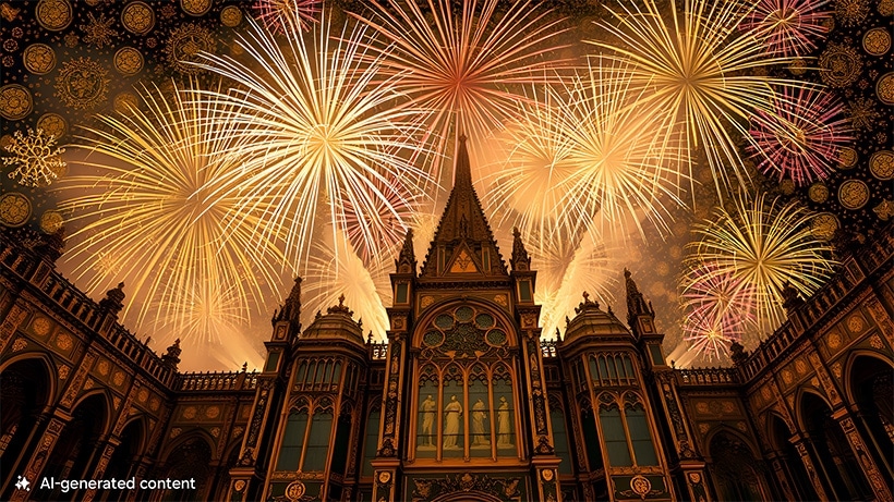 Une cathédrale sophistiquée avec des feux d’artifice qui illuminent le ciel nocturne. Une note en bas indique « contenu généré par l’IA ».