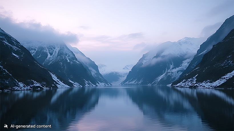 Un lac tranquille avec des montagnes enneigées en arrière-plan. Une note en bas indique « contenu généré par l’IA ».