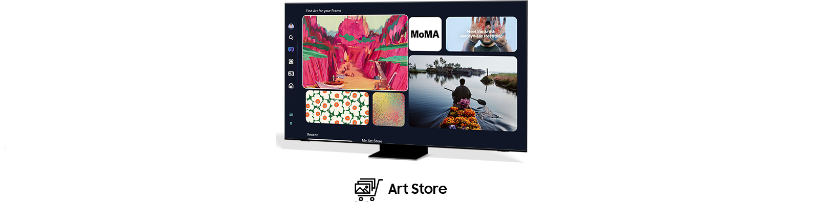 Trois téléviseurs affichant l’interface utilisateur de Gaming Hub, Samsung TV Plus et Art Store.
