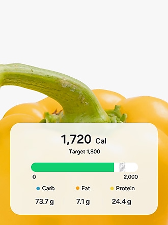 Een voedings-trackerinterface die toont dat iemand 1720 calorieën heeft gegeten.