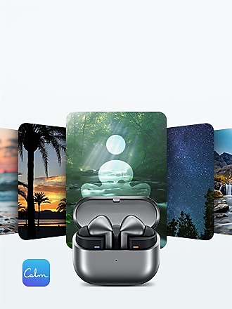 Grijze Galaxy Buds 3 Pro met open oplaadcase, met verschillende rustgevende landschappen op de achtergrond.