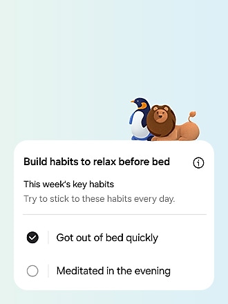 Een interface van een gepersonaliseerde slaapcoach met een leeuw en pinguïn bovenaan.