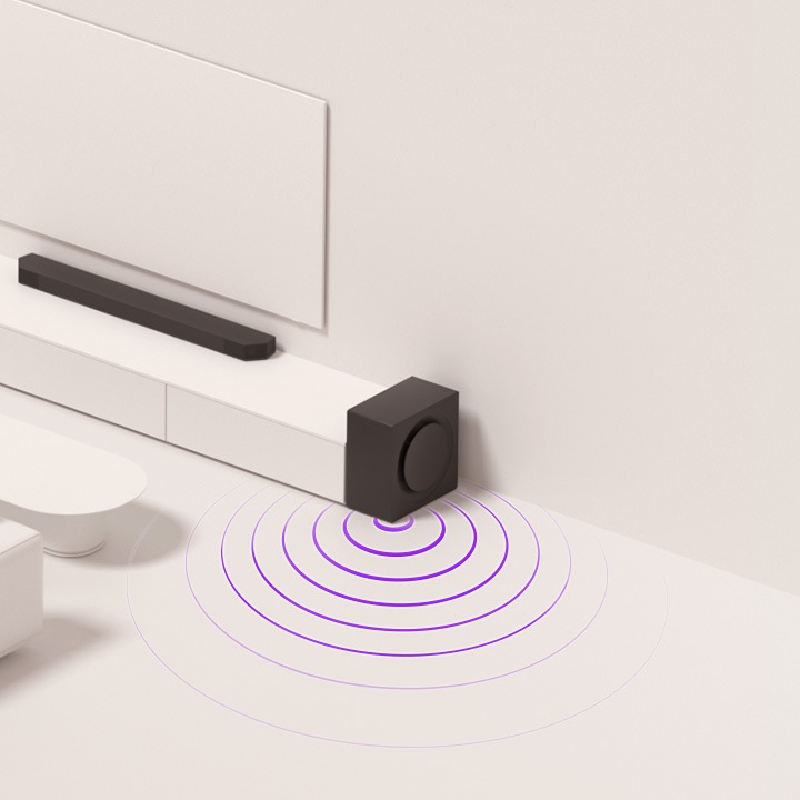 We zien een afbeelding van een soundbar-opstelling. De soundbar staat op een meubel, de subwoofer staat naast het meubel en er komen geluidsgolven van onderaf.