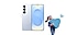 Galaxy S25 in icy blue staat in het midden, met een vrouwelijk 3D-personage in hardloopkleding er rechts van, dat een groot blauw 3D-hartje vasthoudt en naar rechts loopt. Rechtsboven haar zweeft een kleiner blauw 3D-hartje.