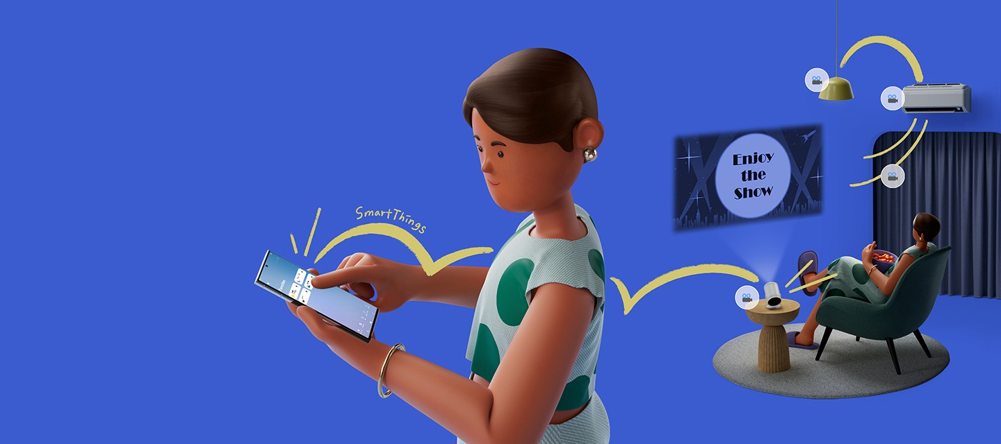 Vrouw tikt op een smartphone om SmartThings te gebruiken om de sfeer voor een filmavond te bepalen. Filmpictogrammen bevinden zich naast slimme apparaten zoals The Freestyle, gordijnen, airconditioner en verlichting die kunnen worden ingesteld op filmmodus via Samsung SmartThings.