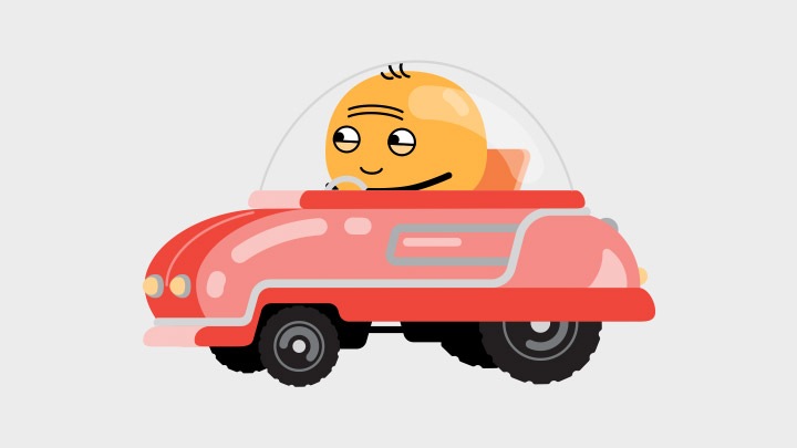 In-Traffic Reply emoticon vrolijk onderweg in zijn auto.