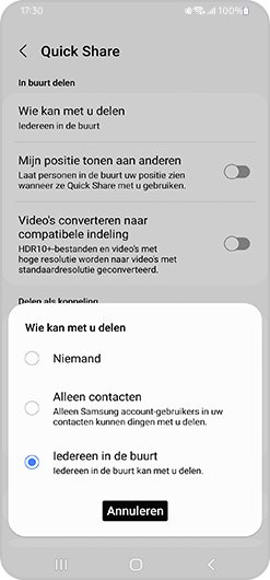 Afbeelding van Quick Share instellingen.