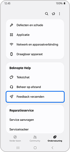 Feedback verzenden-optie gemarkeerd.