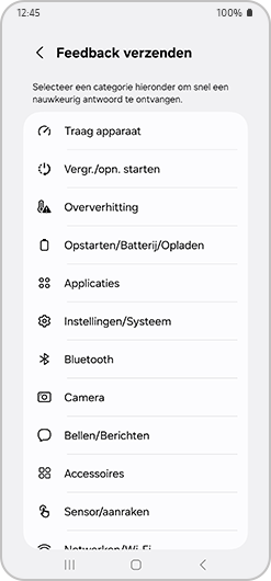 Feedback verzenden-sectie met meerdere beschikbare categorieën.