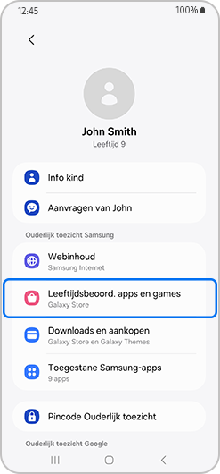 Menu voor ouderlijk toezicht met leeftijdsbeoordelingen voor apps en games gemarkeerd.