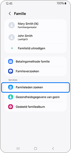 Gezins scherm met Familieleden vinden geselecteerd