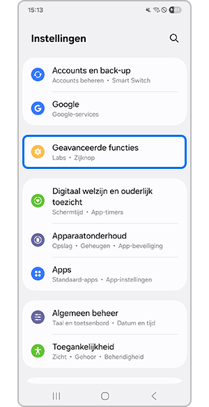 Het menu Geavanceerde functies selecteren