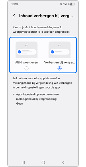 Tik op Altijd weergeven of Verbergen bij vergrendeling