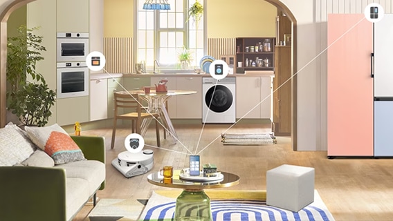 Image de divers appareils électroménagers connectés à un smartphone.
