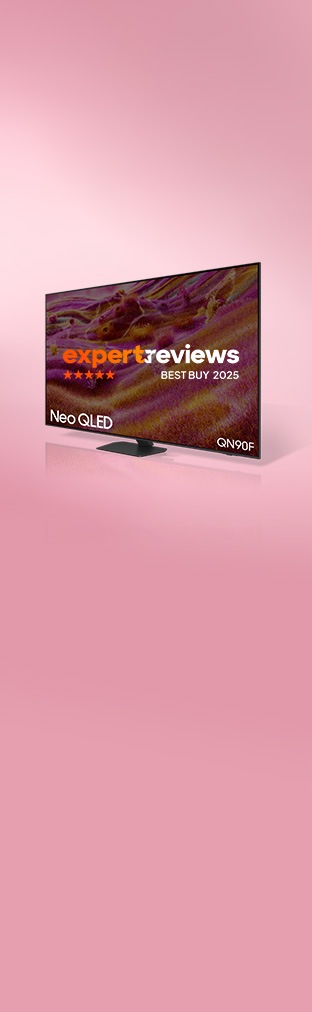 Neo QLED QN90F. Het BEST BUY 2025-logo van Expert Reviews wordt weergegeven. QN90F bekroond met de Expert Reviews Best Buy Award, april 2025.