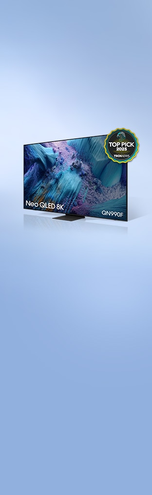 Neo QLED 8K QN990F. Logo TOP PICK 2025 TECHAERIS. QN990F bekroond met Techaeris Top Pick, april 2025.