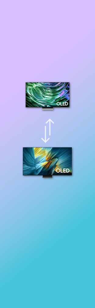 Een Neo QLED 8K TV uit 2024 met twee pijlen die elk een andere kant op wijzen en een Neo QLED 8K TV uit 2025.