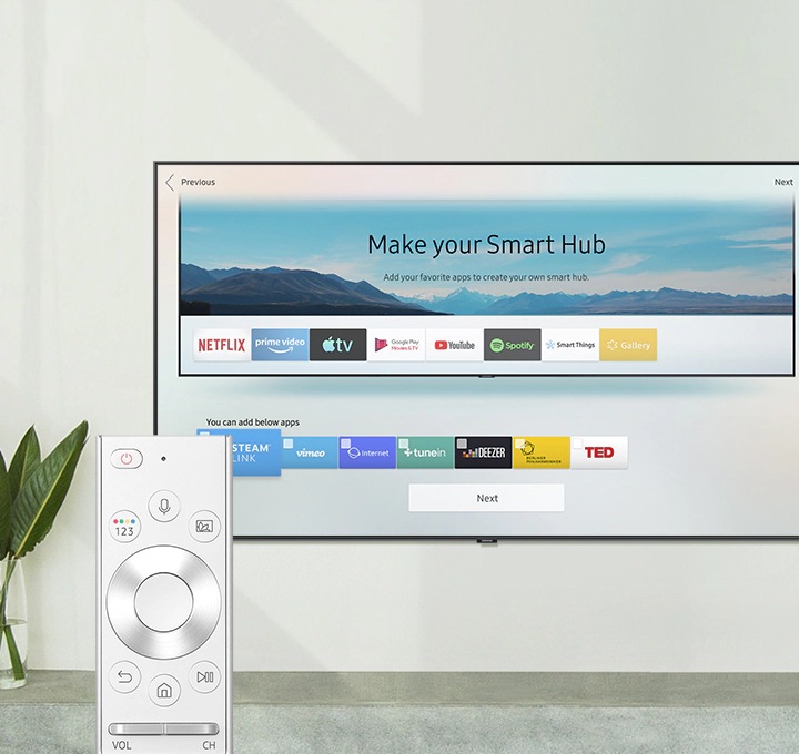 One Remote Control en Smart TV; Smart Hub-previewscherm met de tekst ''Maak je eigen Smart Hub. Voeg je favoriete apps toe en creëer je persoonlijke Smart Hub.