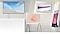 The QLED, The Frame, The Serif en The Sero worden van links naar rechts getoond in een gesimuleerde afbeelding van een lege, witte kunstgalerie, waardoor het ontwerp van de Samsung-TV's goed zichtbaar is. The QLED hangt aan de muur naast The Frame en The Serif en The Sero TV staan op de vloer. Op het scherm van The QLED is een afbeelding te zien van een woestijn bij daglicht. Op het scherm van The Frame is een afbeelding van bergen te zien en op het scherm van The Serif en van The Sero wordt een kunstzinnig vormgegeven kleurenpatroon weergegeven.