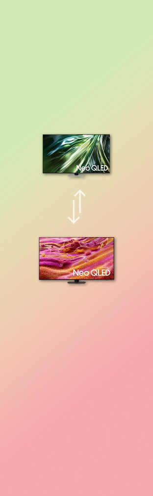 Een Neo QLED 8K TV uit 2024 met twee pijlen die elk een andere kant op wijzen en een Neo QLED 8K TV uit 2025.