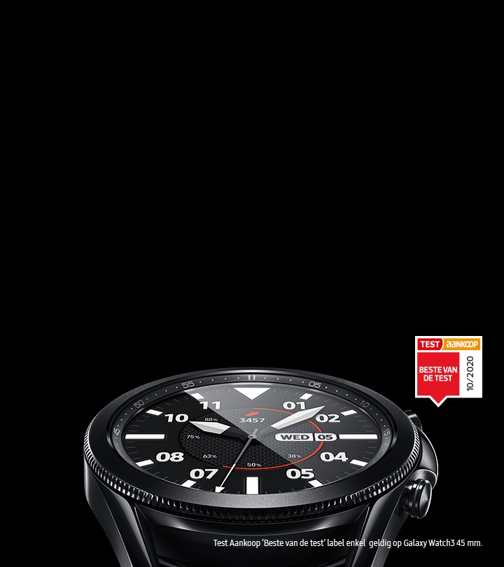 Beste Test De Galaxy Watch3 in Mystic Black op ooghoogte met een sportieve, klassieke wijzerplaat.