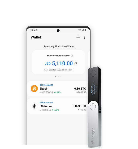 En simulering av Samsung Blockchain Wallet-appens grafiske brukergrensesnitt som viser en oversikt over kontobalansen for Bitcoin og Ethereum.