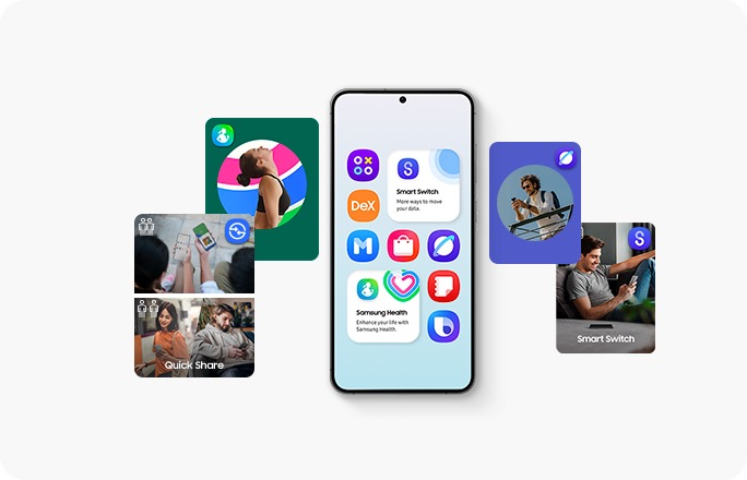 Galaxy-smarttelefonen viser forskjellige app- og tjenesteikoner. På begge sider av smarttelefonen vises personer som bruker Galaxy-enheter, i positurer forbundet med Galaxy Apper og tjenester.