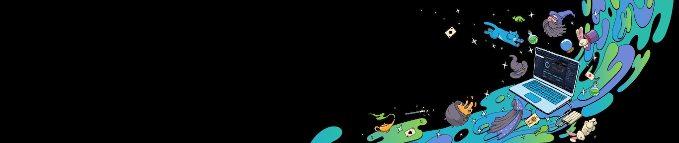En illustration med en Samsung Galaxy-laptop, en kristallkula, en vit kanin, gröna trolldrycker, ett trollkarlsansikte med skägg, en blå katt, en häxhatt, en kittel och grodor – allt som en fantasifull tolkning av Samsung SSD Magician, programvaran som är utformad för att stödja både inbyggda och portabla SSD:er.