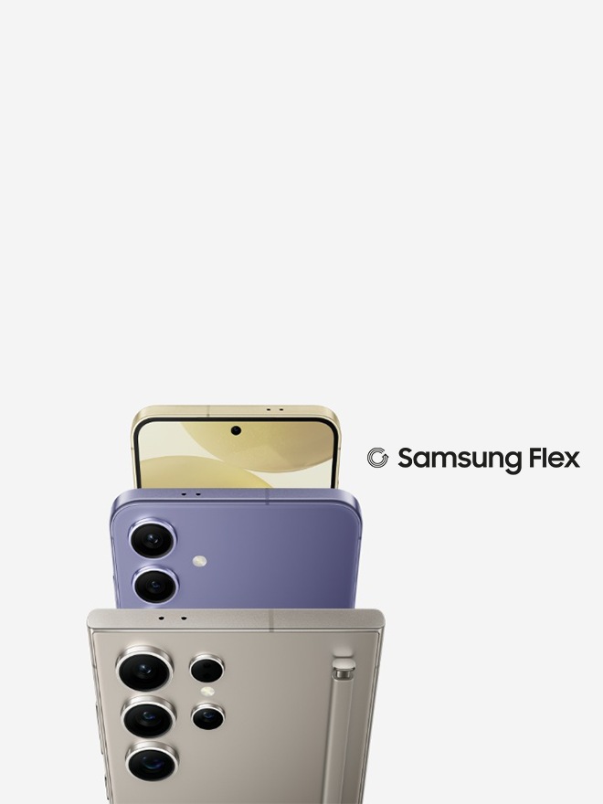 Three Galaxy S24 series devices. One Galaxy S24 Plus in Cobalt Violet seen from the rear, one Galaxy S24 Ultra in Titanium Grey seen from the rear with the built-in S Pen and one Galaxy S24 in Amber yellow seen from the front. Samsung Flex logo can be seen on the top right.