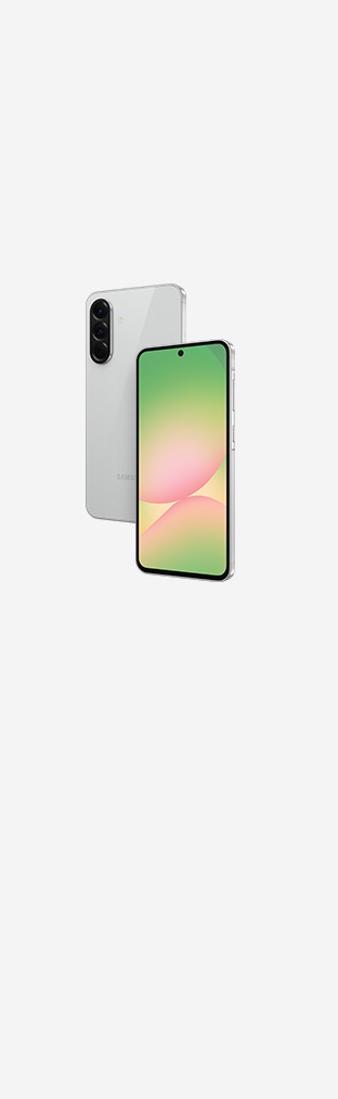 To Galaxy A56 5G-enheter vises. Den venstre enheten viser baksiden og enheten til høyre viser frontskjermen.