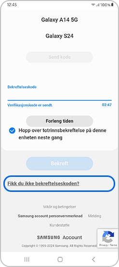 Trykk på Fikk ikke verifiseringskoden
