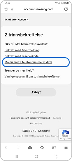 Trykk på Må du bytte telefonnummer? i totrinnsverifisering-menyen