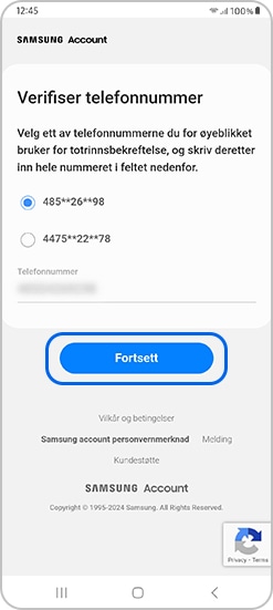 Verifiser ved å skrive inn telefonnummeret ditt og trykke på Fortsett