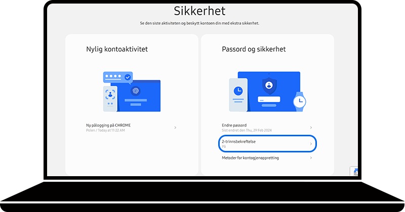 Totrinnsverifisering valgt i Sikkerhet-delen på hjemmesiden til Samsung-kontoen