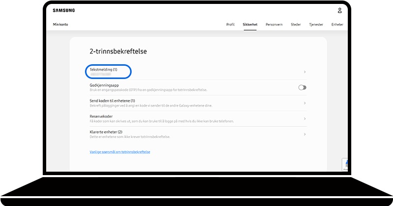 Tekstmelding valgt i Totrinnsverifisering-delen på hjemmesiden til Samsung-kontoen
