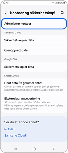 Administrer kontoer valgt i Kontoer og backup