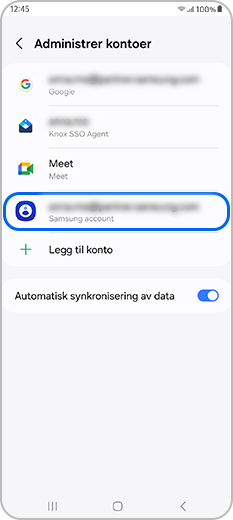 Samsung-konto valgt i Administrer kontoer