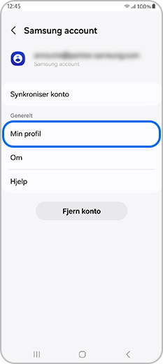 Min profil valgt i Samsung-kontoinnstillingene