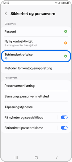Totrinnsverifisering valgt i sikkerhets- og personverninnstillingene for Samsung-kontoen