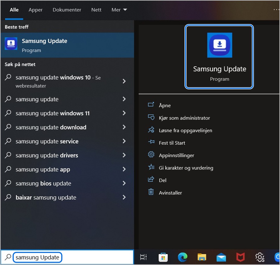 Søker etter Samsung Update på PC