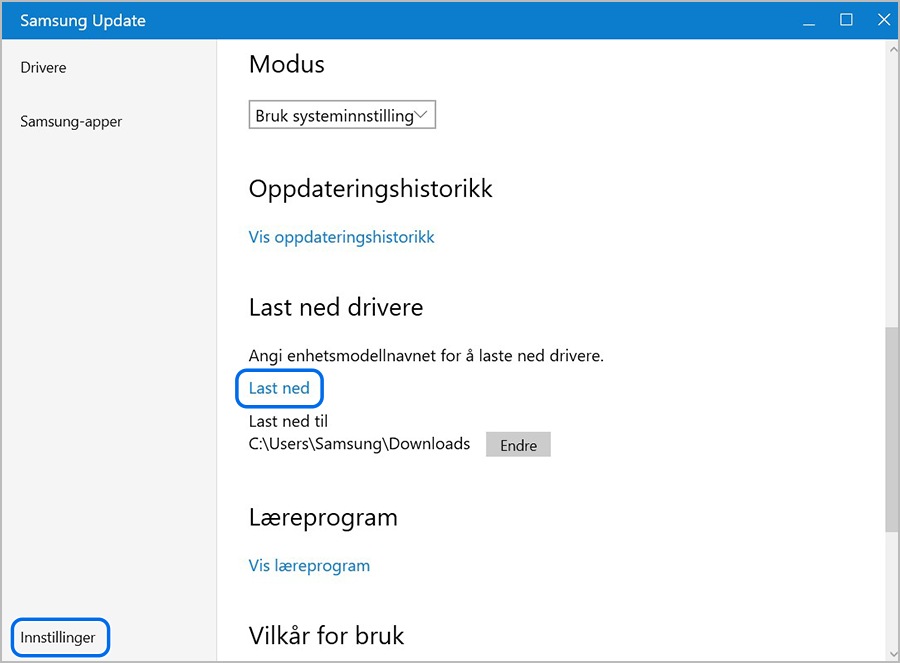 Klikker på Innstillinger og Last ned driver