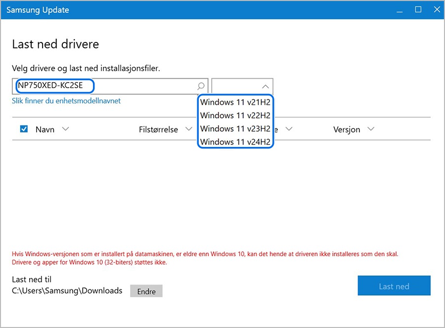 Angir modellnavn og velger OS-versjon