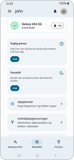 Family Link-grensesnitt med daglig grense, nedetid, app-grense og innholdsbegrensninger.