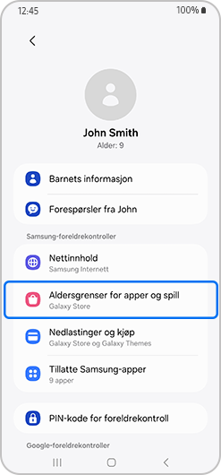 Foreldrekontrollmeny med alder for apper og spill uthevet.